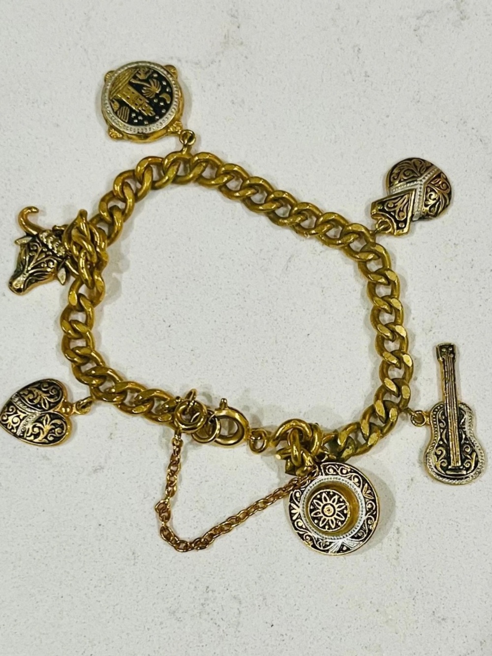 Vintage Damascene Style Charm Bracelet Gold Tone 6.75”, 1960s - Picture 3 of 12